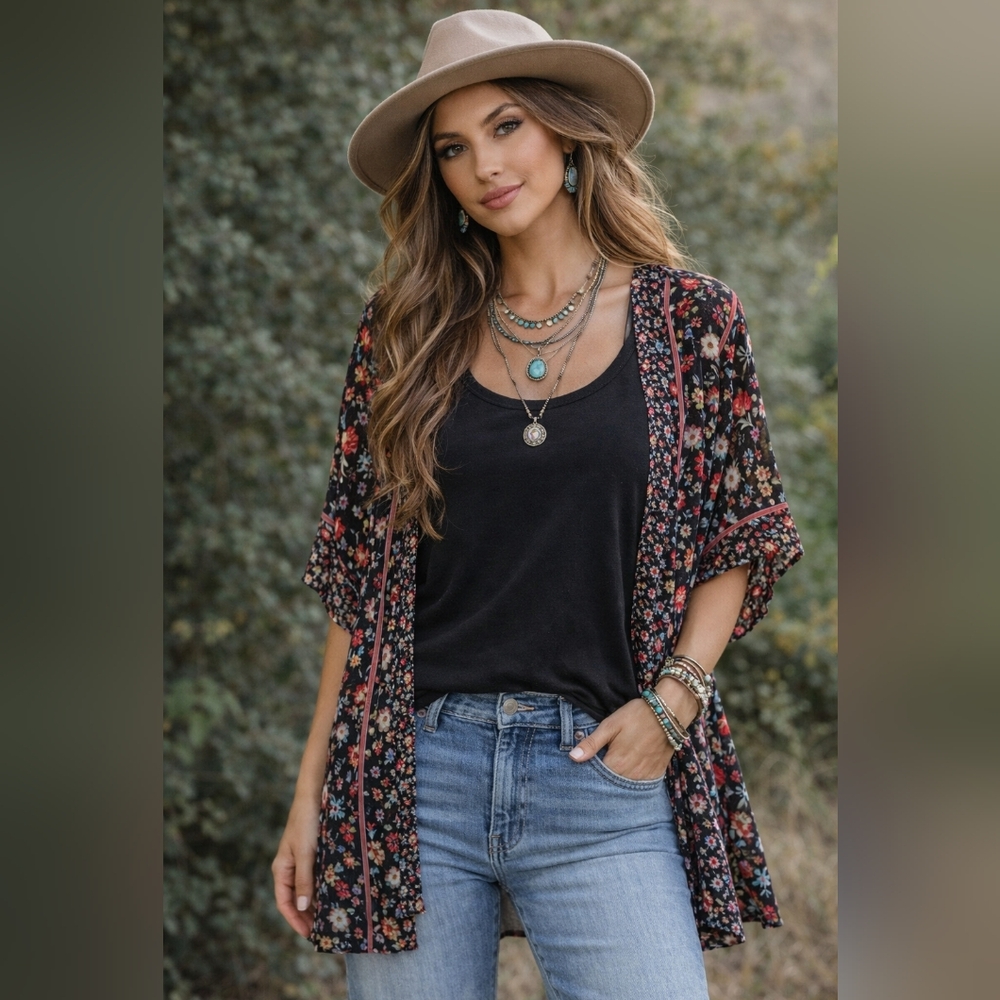 #79 Floral Sheer Kimono Cover-Up in Black with Pink Accents